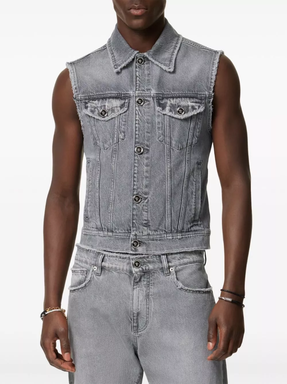 Cheap Versace frayed denim vest Men 0124